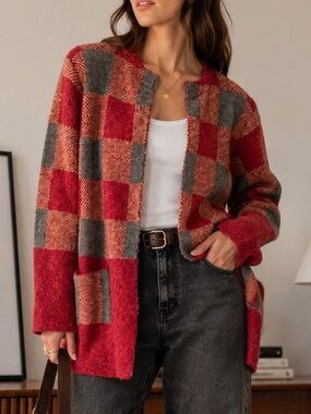 Yaira Red & Gray Checkered Open Cardigan Sweater
